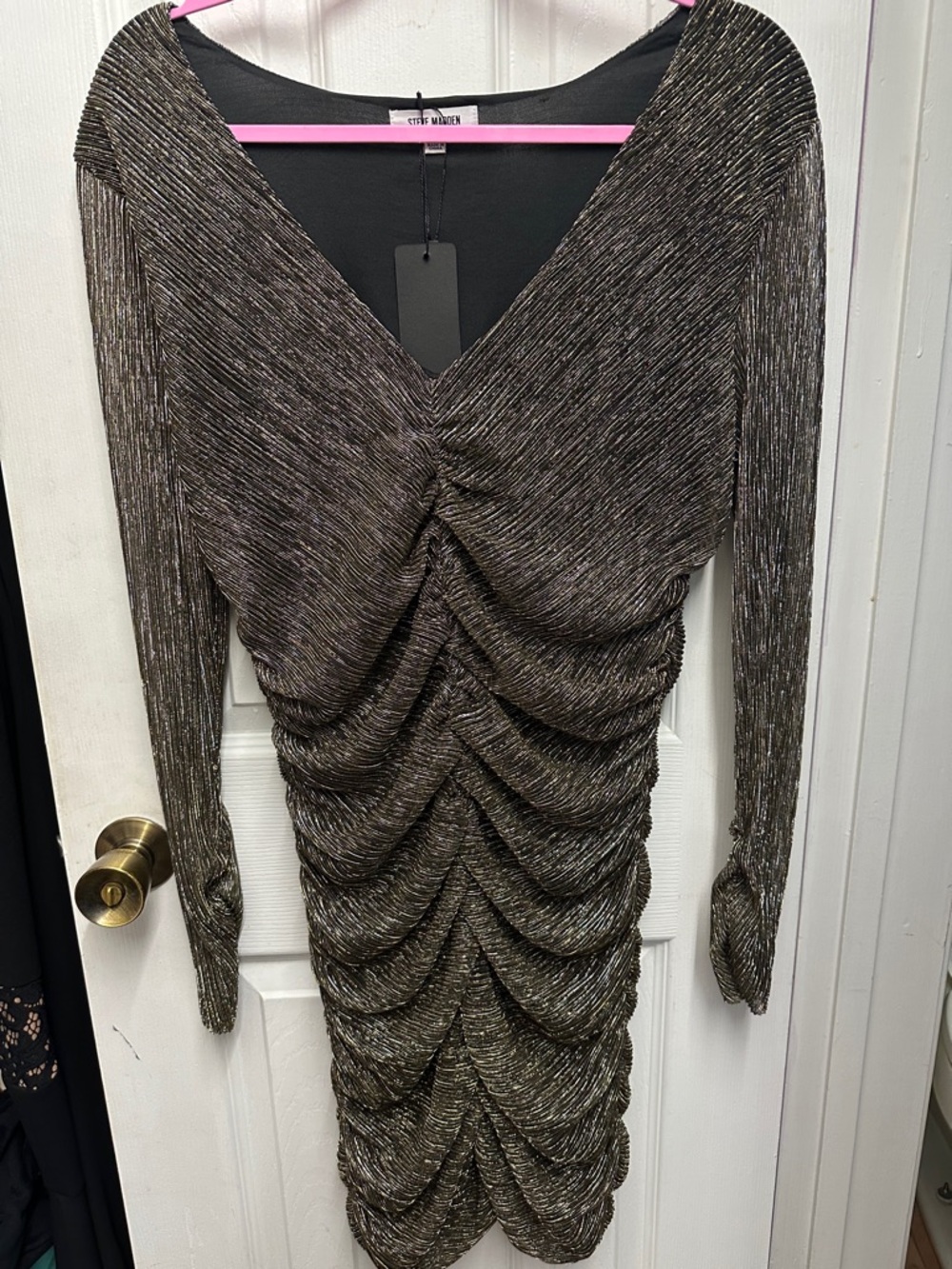 Steve Madden Metallic Bronze Ruched Long-Sleeve Dress
